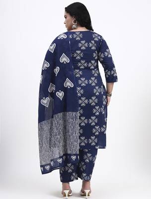 Blue floral printed cotton stitched straight kurta set with dupatta for women 3
