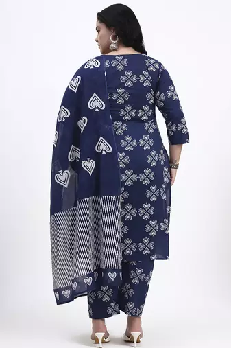 Blue floral printed cotton stitched straight kurta set with dupatta for women
