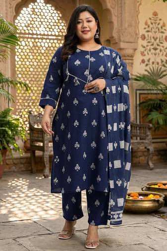 Navy blue floral printed cotton stitched straight kurta set with dupatta for women