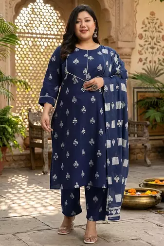 Navy blue floral printed cotton stitched straight kurta set with dupatta for women