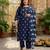 Navy blue floral printed cotton stitched straight kurta set with dupatta for women