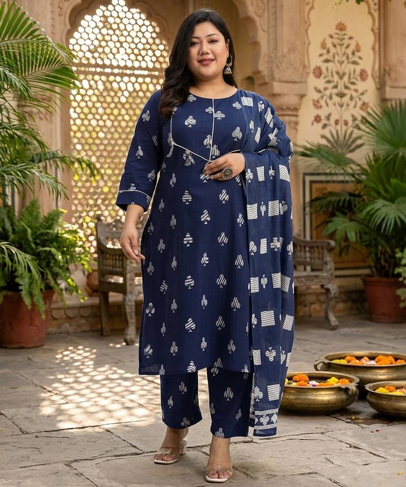 Navy blue floral printed cotton stitched straight kurta set with dupatta for women
