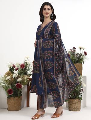 Navy blue floral printed cotton stitched anarkali kurta set with dupatta for women 2