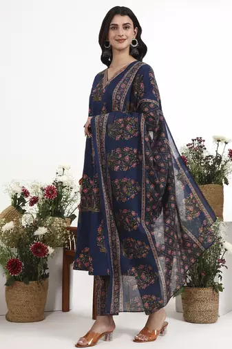 Navy blue floral printed cotton stitched anarkali kurta set with dupatta for women