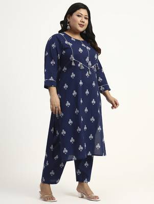 Navy blue floral printed cotton stitched straight kurta set with dupatta for women 2