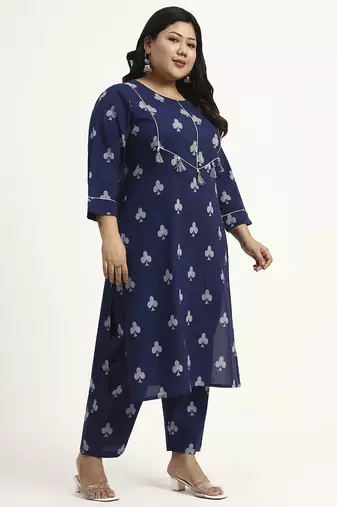 Navy blue floral printed cotton stitched straight kurta set with dupatta for women