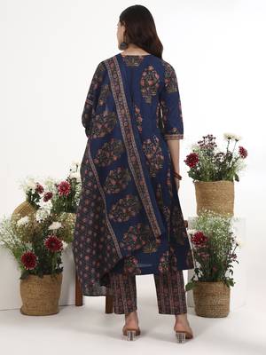 Navy blue floral printed cotton stitched anarkali kurta set with dupatta for women 3