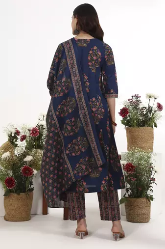 Navy blue floral printed cotton stitched anarkali kurta set with dupatta for women