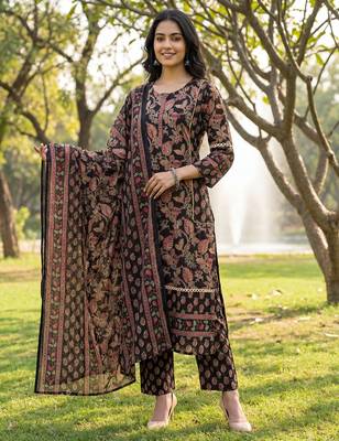Black floral printed cotton stitched straight kurta set with dupatta for women 1