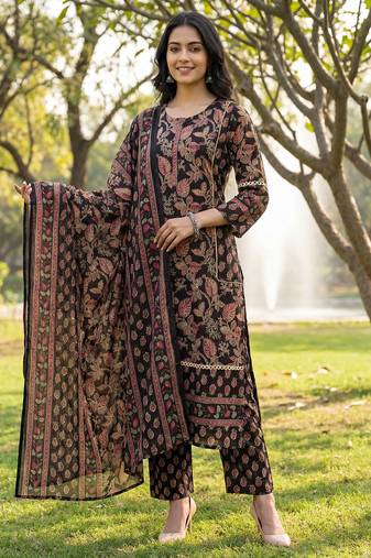 Black floral printed cotton stitched straight kurta set with dupatta for women