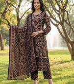 Black floral printed cotton stitched straight kurta set with dupatta for women