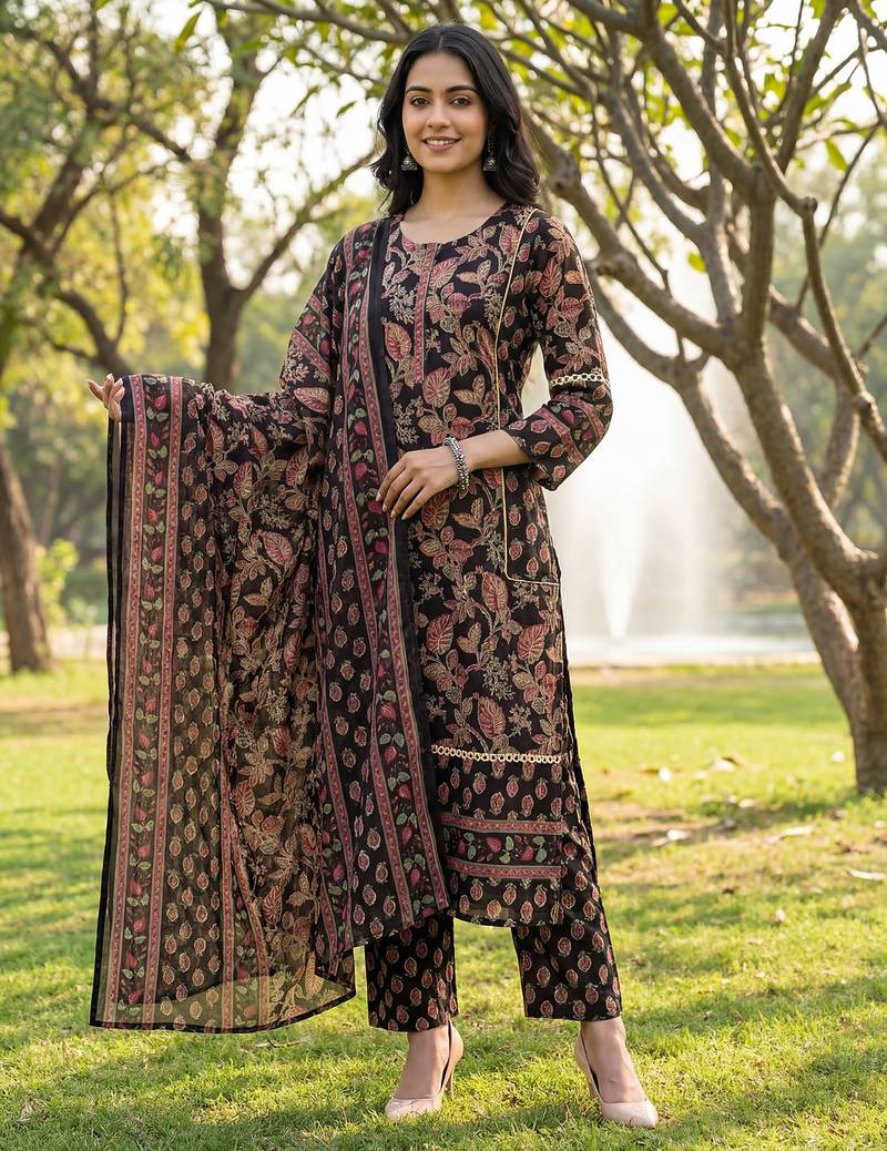 Black floral printed cotton stitched straight kurta set with dupatta for women