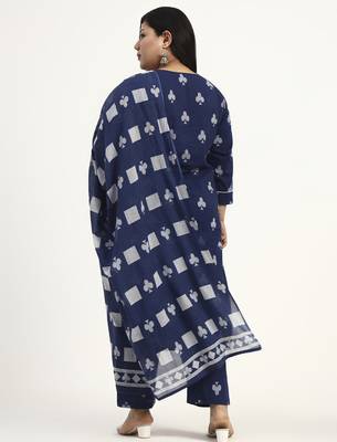 Navy blue floral printed cotton stitched straight kurta set with dupatta for women 3