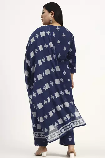 Navy blue floral printed cotton stitched straight kurta set with dupatta for women
