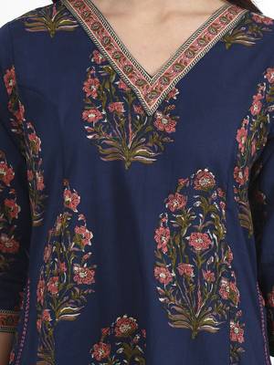 Navy blue floral printed cotton stitched anarkali kurta set with dupatta for women 4