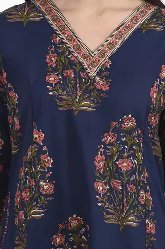 Navy blue floral printed cotton stitched anarkali kurta set with dupatta for women
