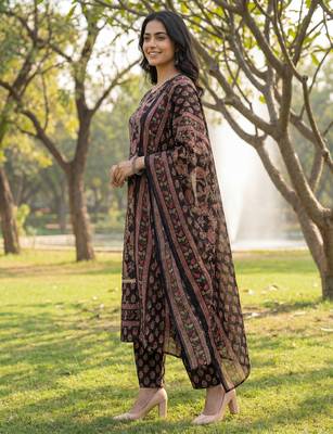 Black floral printed cotton stitched straight kurta set with dupatta for women 2
