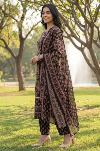 Black floral printed cotton stitched straight kurta set with dupatta for women