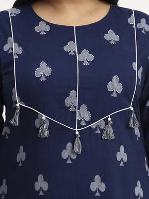 Navy blue floral printed cotton stitched straight kurta set with dupatta for women 4