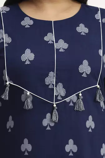 Navy blue floral printed cotton stitched straight kurta set with dupatta for women
