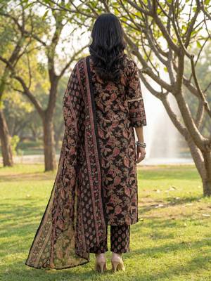 Black floral printed cotton stitched straight kurta set with dupatta for women 3