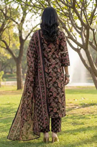 Black floral printed cotton stitched straight kurta set with dupatta for women