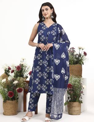 Navy blue floral printed cotton stitched a-line kurta set with dupatta for women 1