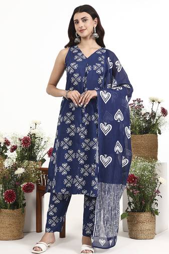 Navy blue floral printed cotton stitched a-line kurta set with dupatta for women