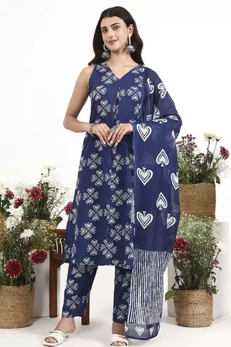 Navy blue floral printed cotton stitched a-line kurta set with dupatta for women