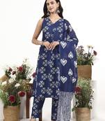 Navy blue floral printed cotton stitched a-line kurta set with dupatta for women