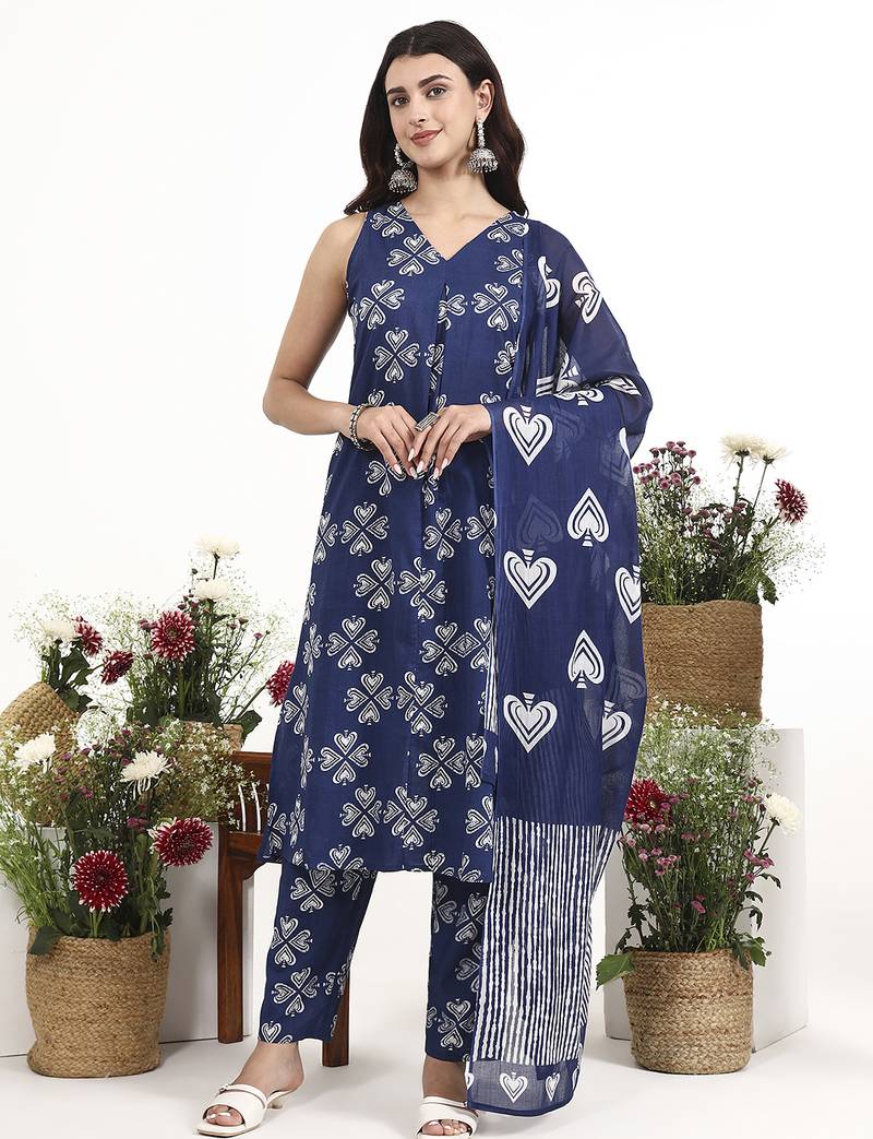 Navy blue floral printed cotton stitched a-line kurta set with dupatta for women