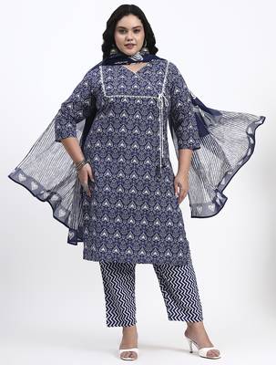 Navy blue floral printed cotton stitched straight kurta set with dupatta for women 1