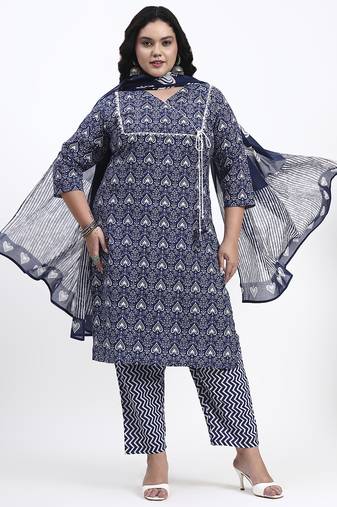 Navy blue floral printed cotton stitched straight kurta set with dupatta for women