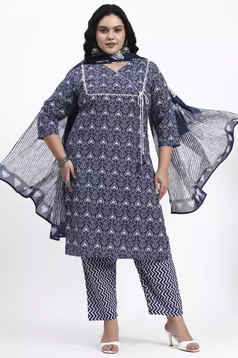 Navy blue floral printed cotton stitched straight kurta set with dupatta for women