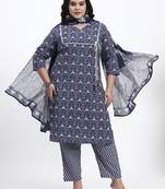 Navy blue floral printed cotton stitched straight kurta set with dupatta for women