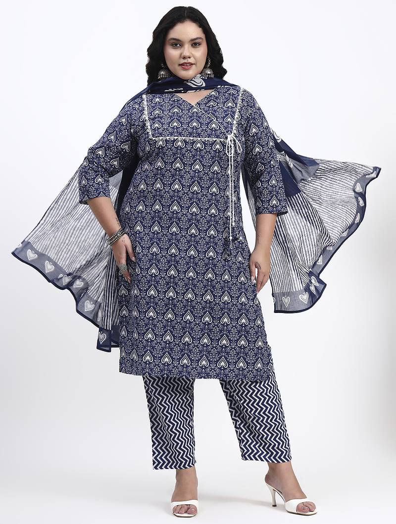Navy blue floral printed cotton stitched straight kurta set with dupatta for women