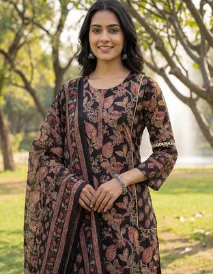 Black floral printed cotton stitched straight kurta set with dupatta for women 4