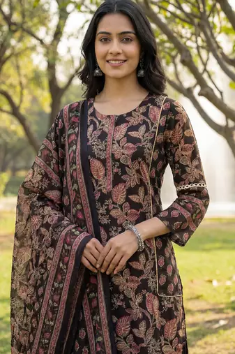 Black floral printed cotton stitched straight kurta set with dupatta for women