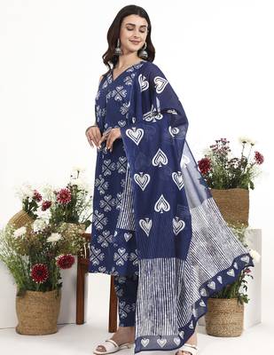 Navy blue floral printed cotton stitched a-line kurta set with dupatta for women 2