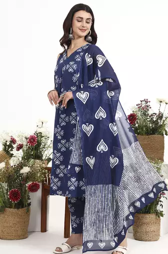 Navy blue floral printed cotton stitched a-line kurta set with dupatta for women