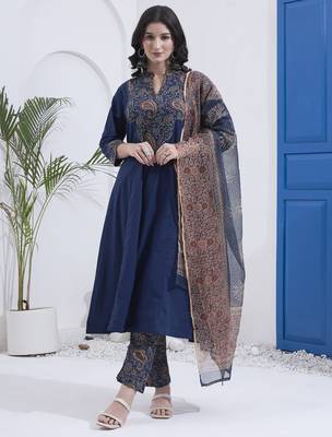 Navy blue kantha work cotton stitched a-line kurta set with dupatta for women 1