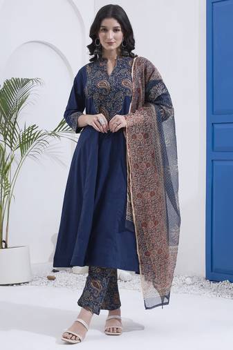 Navy blue kantha work cotton stitched a-line kurta set with dupatta for women
