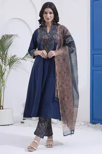 Navy blue kantha work cotton stitched a-line kurta set with dupatta for women