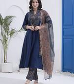 Navy blue kantha work cotton stitched a-line kurta set with dupatta for women