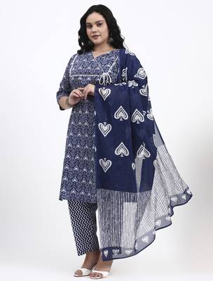 Navy blue floral printed cotton stitched straight kurta set with dupatta for women 2