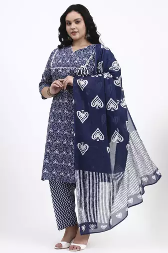 Navy blue floral printed cotton stitched straight kurta set with dupatta for women
