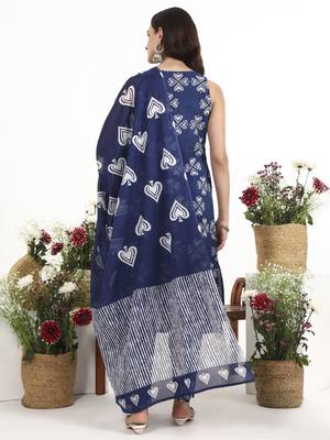 Navy blue floral printed cotton stitched a-line kurta set with dupatta for women 3