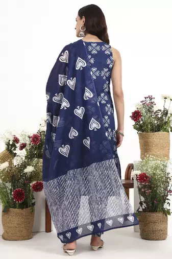 Navy blue floral printed cotton stitched a-line kurta set with dupatta for women