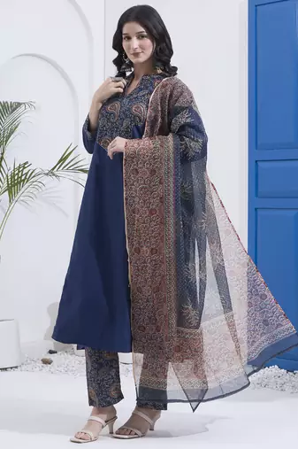 Navy blue kantha work cotton stitched a-line kurta set with dupatta for women