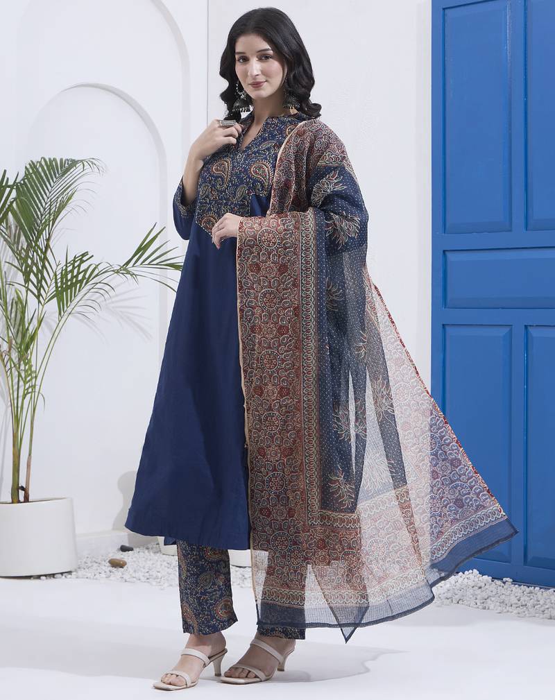 Navy blue kantha work cotton stitched a-line kurta set with dupatta for women